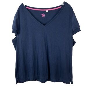 Boden Broderie Cotton V-Neck T-shirt Navy Eyelet Flutter Sleeves Size XL